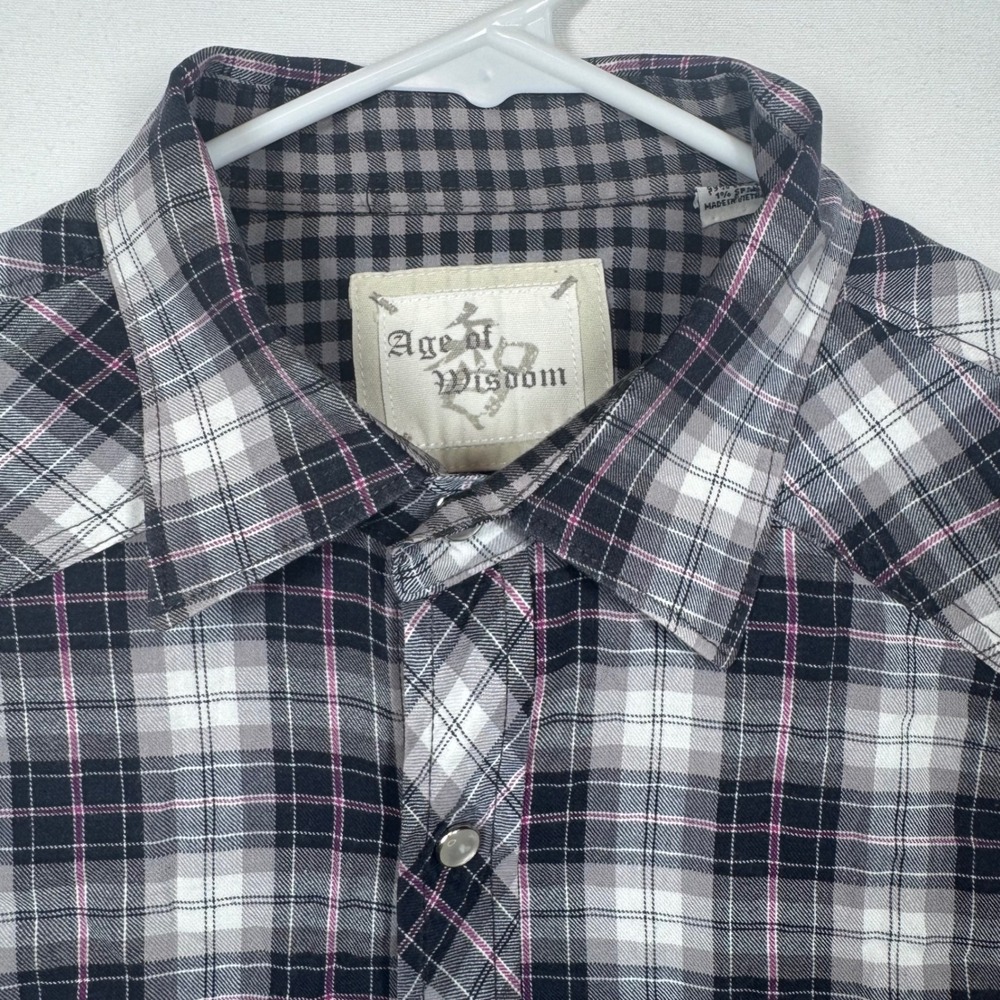 Age of‎ Wisdom Plaid Western Shirt Pearl Snap Long Sleeve Gray Black Pink Sz Lg